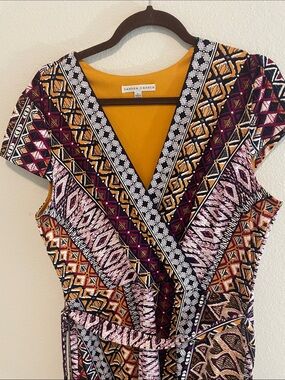 Sandra Darren Multicolor Geometric Wrap Tunic in Mustard, Burgundy and Black